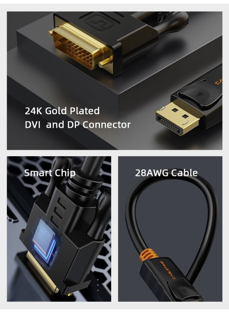 كابل تايم كابل DisplayPort إلى DVI-D بدقة 1080p Full HD، سلك DP إلى DVI ذكر إلى ذكر لأجهزة الكمبيوتر المحمولة والشاشات وأجهزة العرض وأجهزة التلفزيون عالية الدقة، محول فيديو عالي السرعة متوافق مع بطاقة رسومات Windows، موصلات مطلية بالذهب متينة. - Image 4